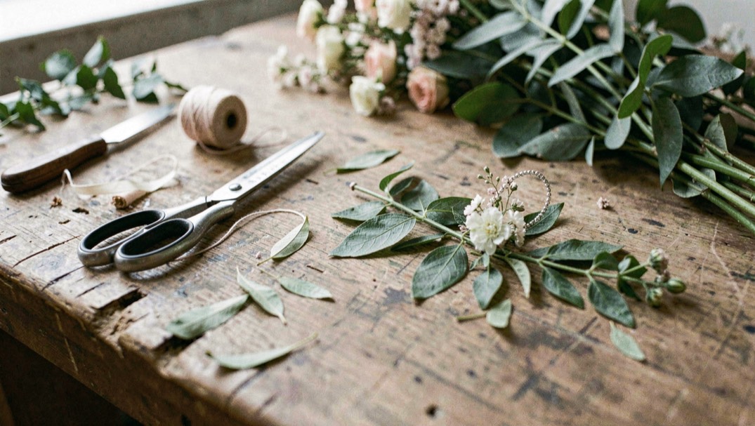 Werktafel van een bloemist met schaar, bindgaren, losse blaadjes en een half gemonteerde corsage in gedempt daglicht