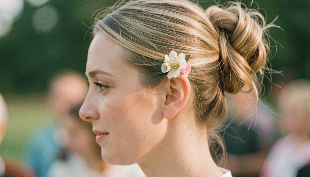 Kleine bloemcorsage rust in opgestoken haar bij een oor, gezien van opzij in zacht namiddaglicht