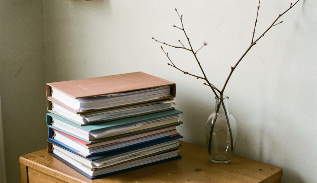 Stapel gesloten mappen op een kast met daarnaast een enkele droge tak in een smalle vaas tegen een lichte muur