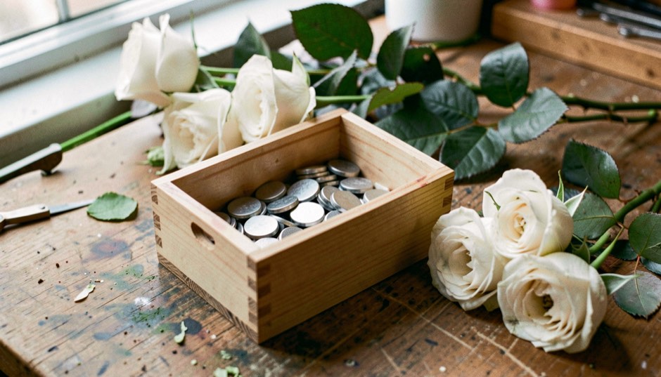 Zilverkleurige schijfmagneetjes en stalen plaatjes in een klein houten bakje op de werktafel van een bloemist, naast losse witte rozen en groen blad, zacht zijlicht