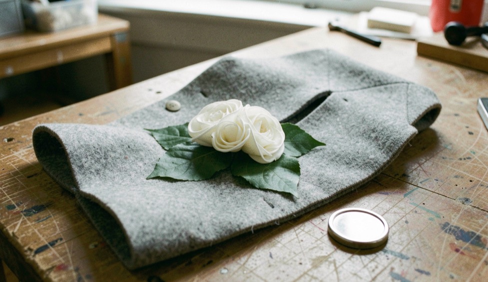 Witte corsage met groen blad rust op een opengevouwen grijze wollen revers op een werktafel, met een klein rond zilveren magneetje ernaast in daglicht