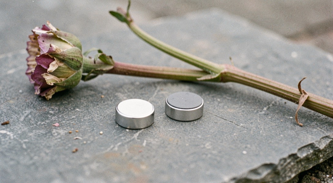 Twee kleine ronde magneten en een contraplaatje liggen naast elkaar op een grijze steenplaat bij een afgeknipte bloemsteel