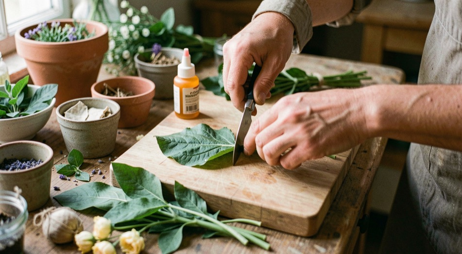 Bloemist snijdt een stevig blad bij op een houten werkblad tussen bakjes met bijmateriaal en een flesje lijm