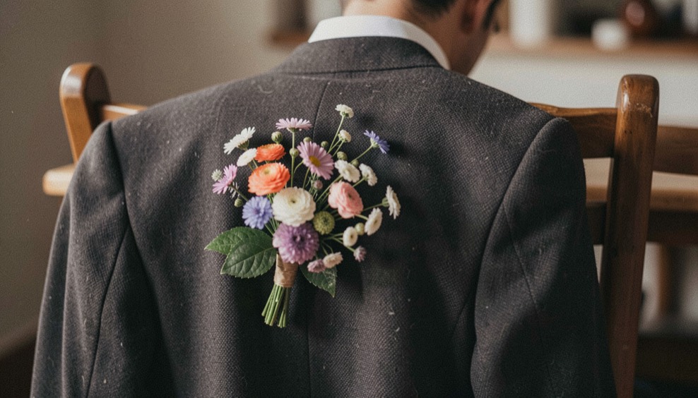 Corsage van kleine bloemen rust op de revers van een donker colbert dat over een stoelleuning hangt bij avondlicht